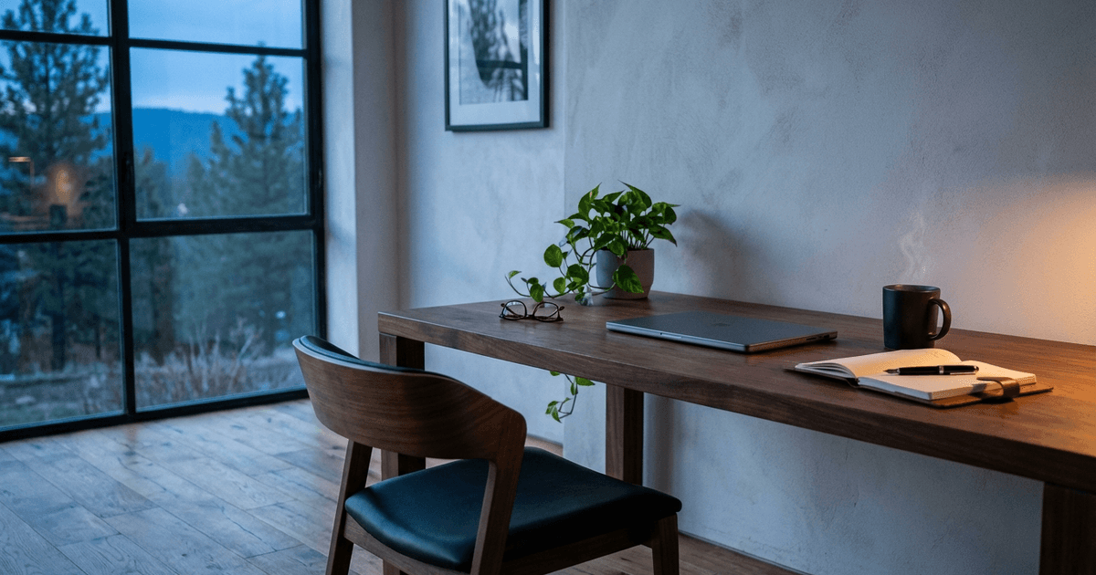 A minimalist modern home office at dawn with a solid walnut desk and industrial window