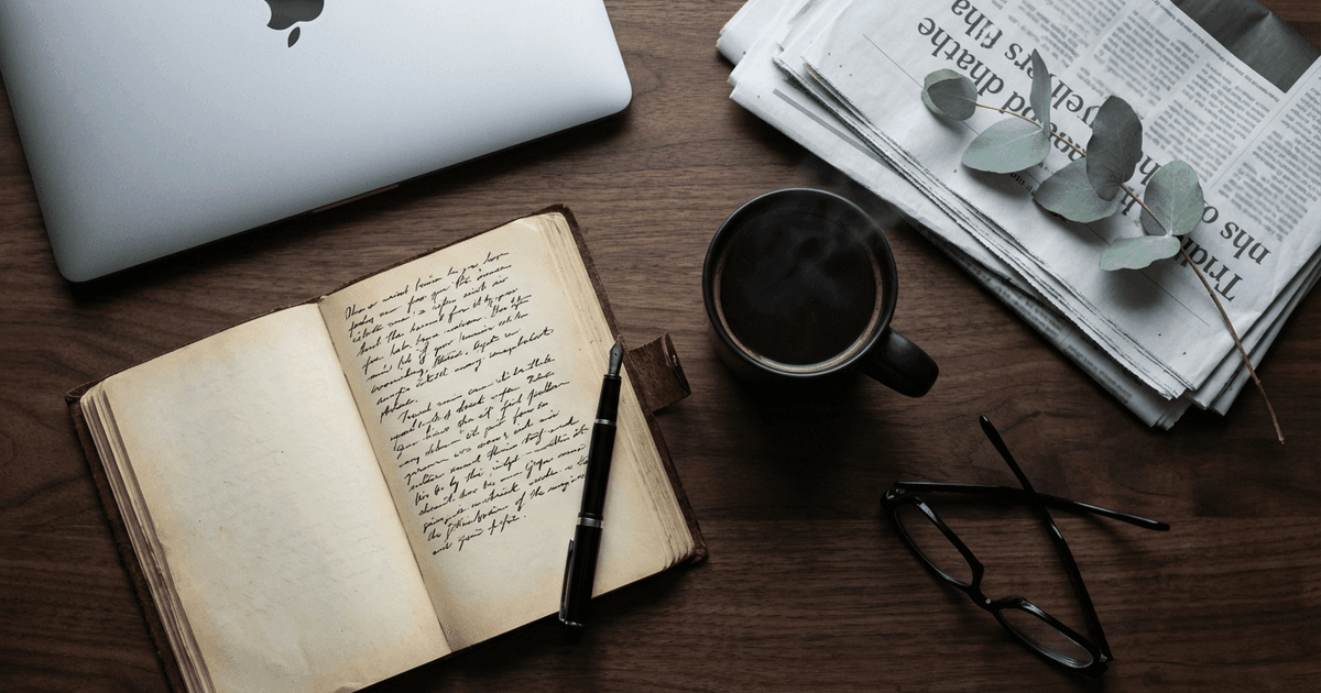 An overhead still life of a premium writing desk with a leather notebook, fountain pen, and coffee