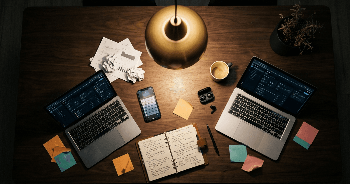 Cluttered operator workspace at night showing tool sprawl
