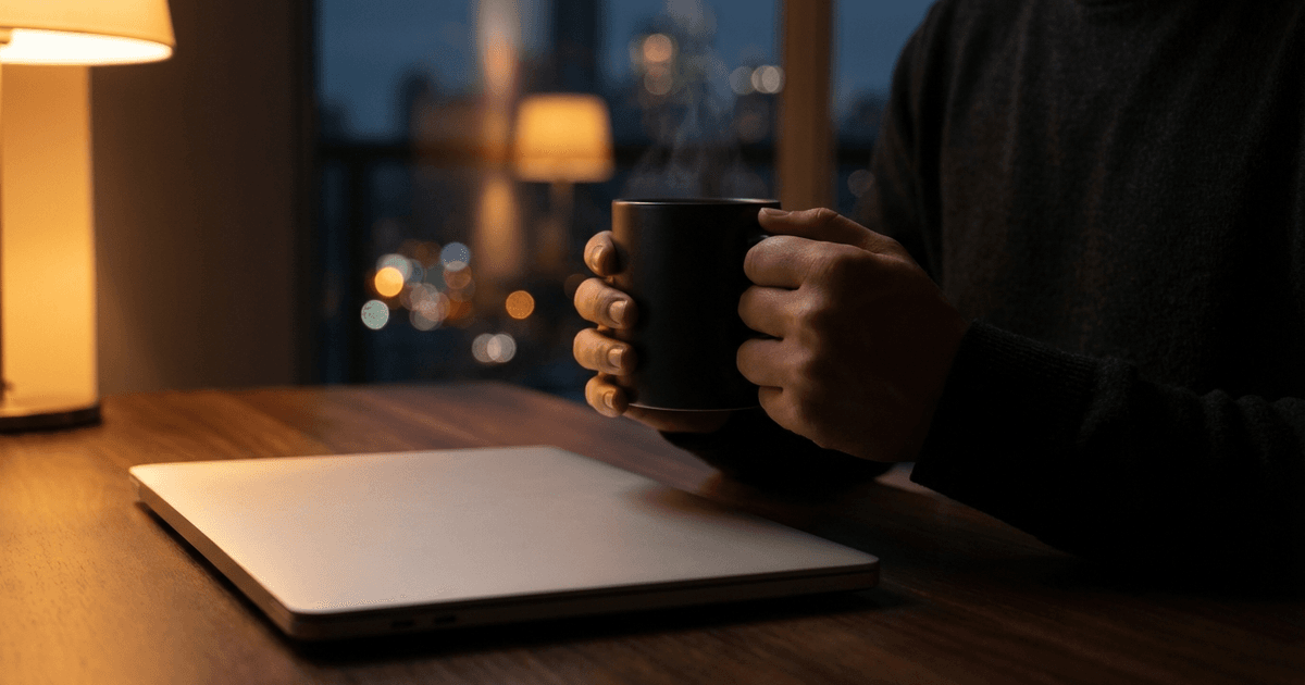 Hands loosely cradling a matte coffee mug near a closed laptop in dim light
